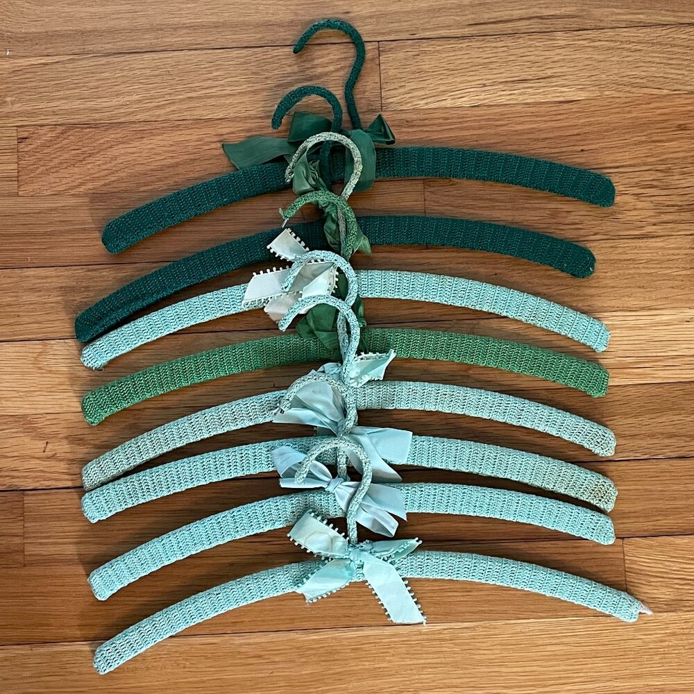 8 Green Vintage Crochet Coat Hangers-Crochet Wooden Coat Hangers-70+